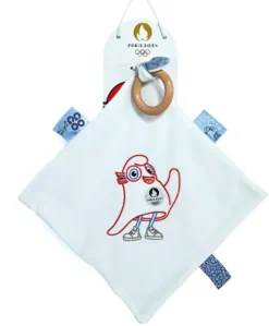 Doudou plat mascotte jeux olympiques paris 2024 avec anneau en bois - 25 cm