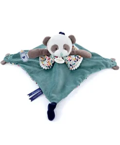 Doudou plat panda vert avec marionnette à doigt - 30 cm