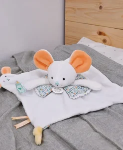 Doudou plat souris blanc avec marionnette à doigt - 30 cm