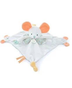 Doudou plat souris blanc avec marionnette à doigt - 30 cm