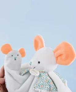 Doudou plat souris blanc avec marionnette à doigt - 30 cm