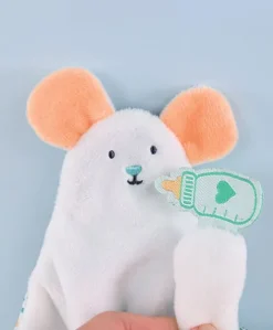 Doudou plat souris blanc avec marionnette à doigt - 30 cm