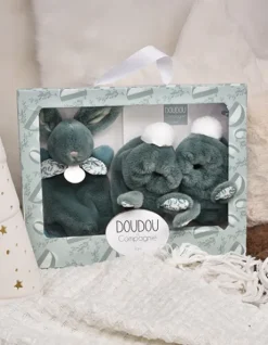 Lapin Doudou - Coffret cadeau Chaussons et Doudou Vert Sauge 15 cm