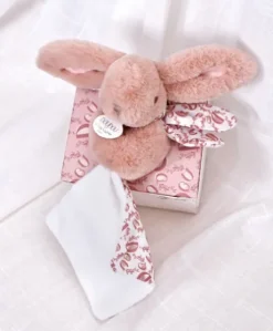 Lapin DOUDOU® - Peluche lapin Rose avec doudou assorti - 16 cm