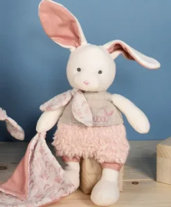 Lapin peluche écrue avec mouchoir rose en coton BIO - 22  cm