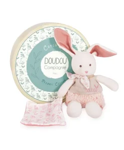 Lapin peluche écrue avec mouchoir rose en coton BIO - 22  cm