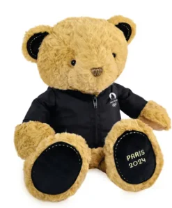 Ours en peluche marron Paris 2024 avec veste noire zippée - 40 cm