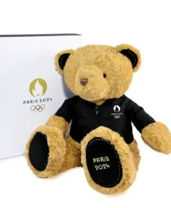 Ours en peluche marron Paris 2024 avec veste noire zippée - 40 cm