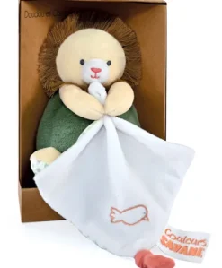Peluche Lion beige avec doudou mouchoir - 15 cm