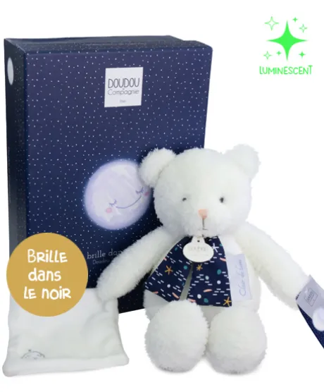 Peluche ours luminescent avec mouchoir - 28 cm - Clair de Lune