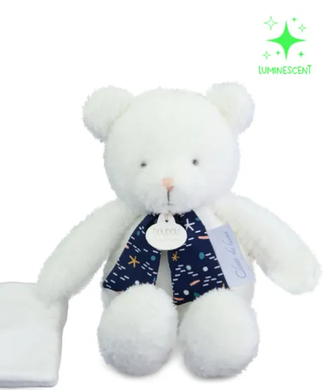 Peluche ours luminescent avec mouchoir - 28 cm - Clair de Lune