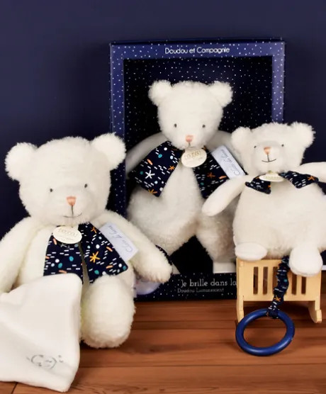 Peluche ours luminescent avec mouchoir - 28 cm - Clair de Lune
