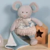Souris en peluche grise avec mouchoir vert en coton BIO - 22 cm