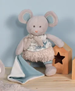 Souris en peluche grise avec mouchoir vert en coton BIO - 22 cm