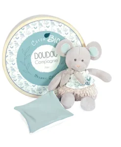 Souris en peluche grise avec mouchoir vert en coton BIO - 22 cm