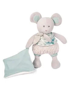 Souris en peluche grise avec mouchoir vert en coton BIO - 22 cm